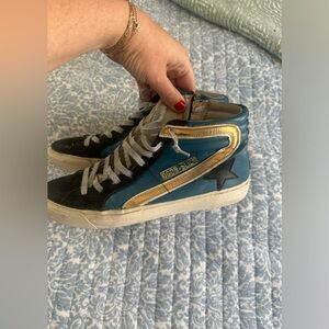 Golden Goose Slide Blue Gold Black leather Suede high top sneakers